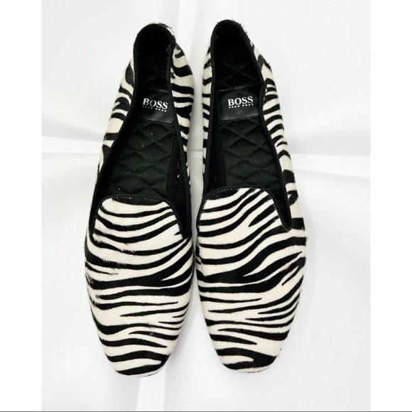 Hugo Boss Womens 37 Sz 7 Calf-hair Fur Zebra Print Loafer Flats Black - Picture 5 of 11